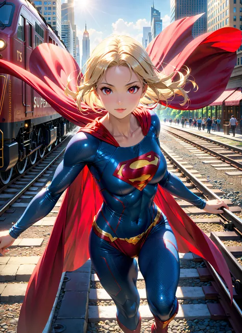 A Flying young girl, French, cute face, ((wide shot, gravure pose:1.2)), solo, (dark skin:1.4), (light red eyes, very long straight hair, blonde hair, medium breasts:1.2), (toned:1.3), looking at viewer, (It's stronger than a locomotive:1.6), (glowing:1.2)...