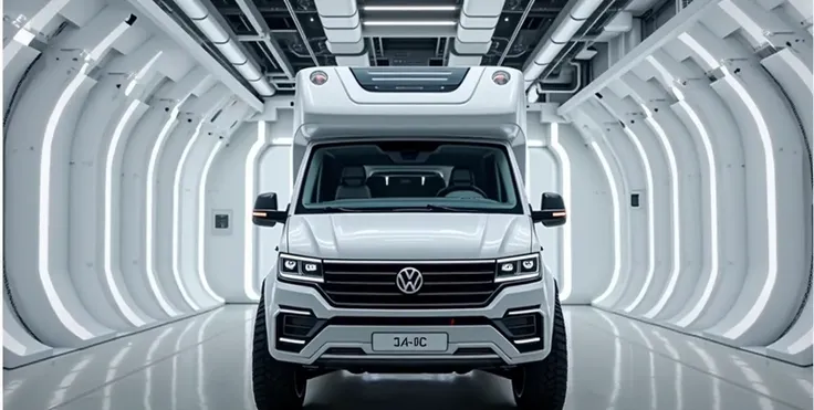 "A futuristic, high-tech camper van with a bold, rugged design, inspired by Volkswagen. The vehicle is large and imposing, painted in a sleek white finish with black and silver accents. It has an elevated roof with integrated vents and a panoramic skylight...