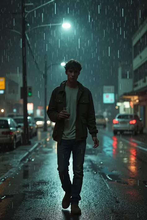 Create a realistic image of a 25 to 28 year's old boy drinking alcohol in rain at night and walking alone at the road 