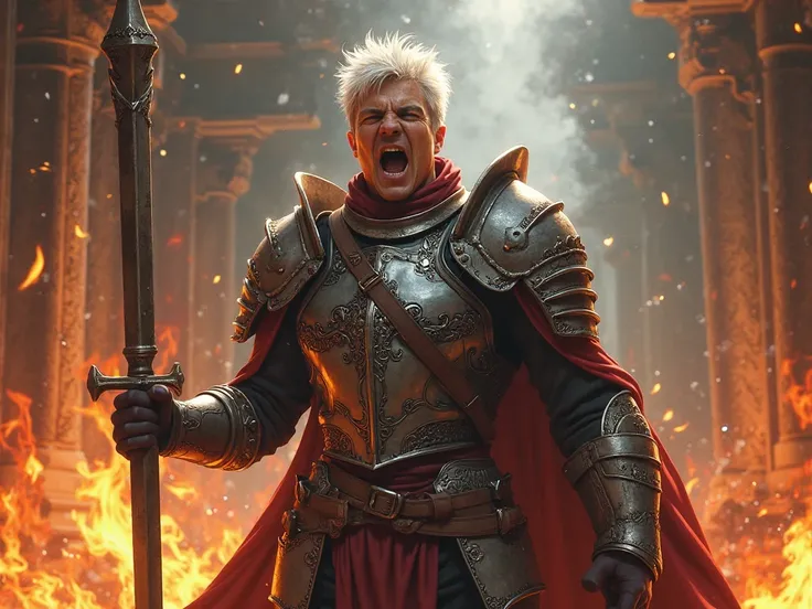 Screaming face Warrior Prince with short white hair in the burning kingdom room, realistic medieval anime style 