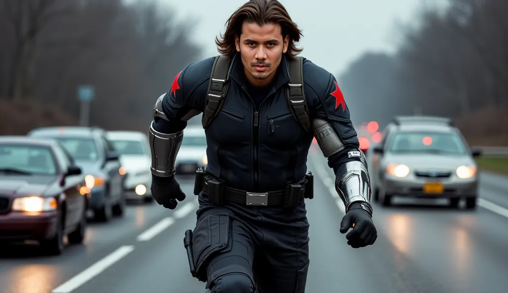 A full-body, realistic, and cinematic portrayal of the character Bucky Barnes (Winter Soldier), standing in a combat-ready stance. He has long, straight brown hair and piercing blue eyes. His left arm is a chrome-colored, shiny bionic metal arm featuring a...