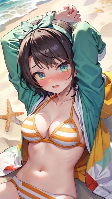 (best quality:1.2), (ultra detailed:1.2),(masterpiece:1.2),(8k:1.2),(ggsubaru, short hair, bow hairband, polka dot, collarbone, cleavage, striped bikini, aqua jacket, open jacket, long sleeves),(Blessed,Captivating body、Ultra detailed hands、Ultra-detailed ...