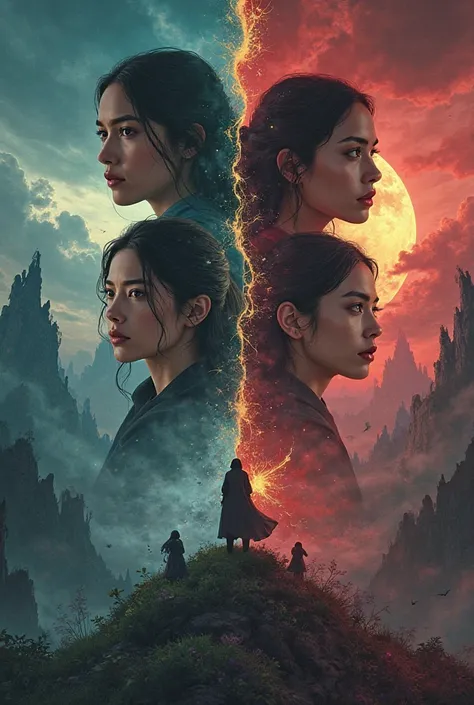 the title " The Prophecy "  and as a subtitle  "Double destiny: Human or Demon" who have a landscape of the demonic world and the human world, with three women and three men aged 20