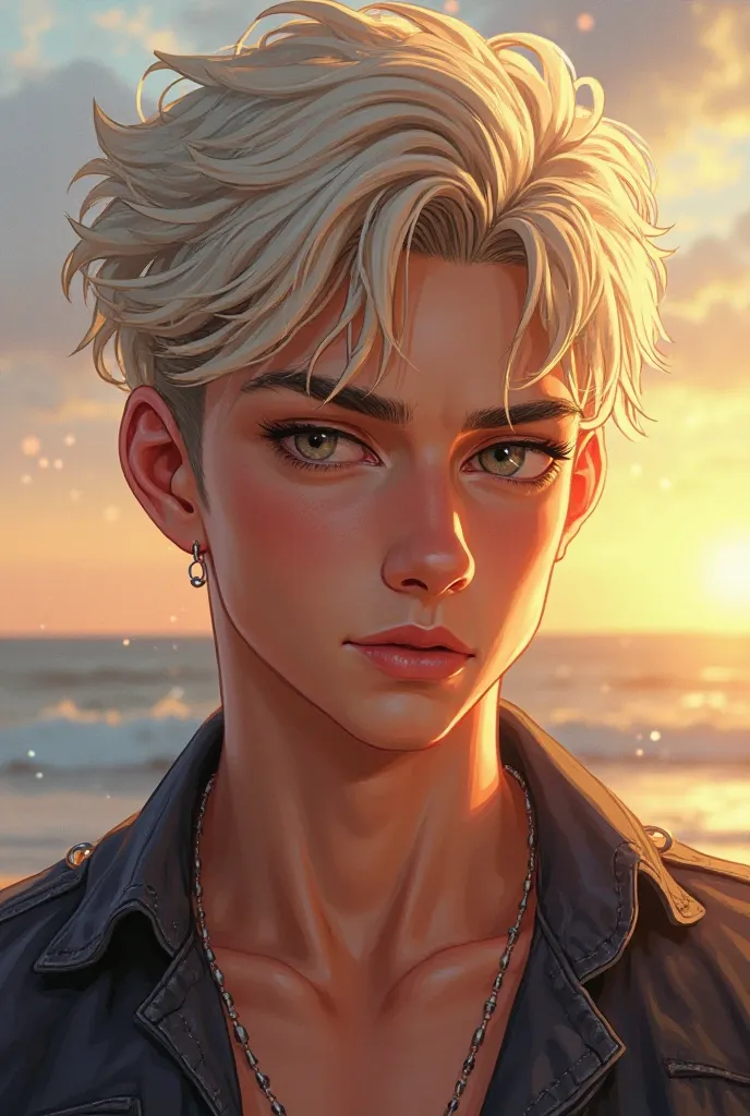 Digital illustration of a handsome and cool , Short silver blonde hair, black eyes, warm atmosphere, shiny/glossy, bright light, 4k uhd, Muscular and strong, sharp eyes, charming, Beautiful, Semi-realistic, he so Sexy and cool, water color, masterpiece, Hi...