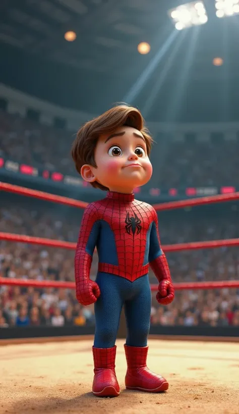 A short-postured boy character in a Spider-Man costume, standing inside a wrestling ring with a sand floor. The costume is predominantly red and blue with a mesh pattern like the famous classic Spiderman. The character has short brown hair and light-colore...