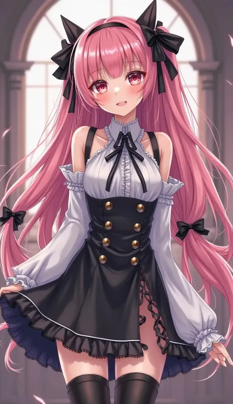  Anime style. A beautiful and charming vampire girl(she looks ), with long pink hair , that are made with 2 tails on the sides with black bows. Dressed in a short black and white dress with long and large sleeves, black ribbons on the dress, necklines and ...