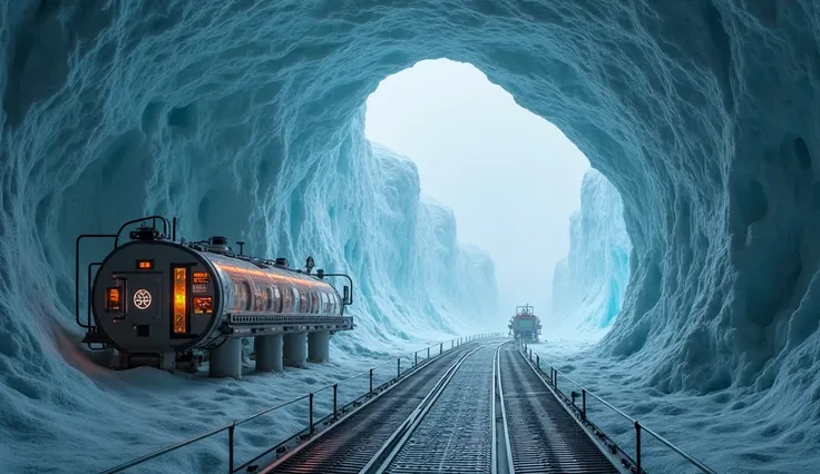 A secret installation hidden deep in the ice, located in a desolate Arctic landscape/Antarctic. The underground laboratory has camouflaged entrances between glaciers, with cold lights illuminating metal walkways. Advanced Machines, tubes holographic and ho...