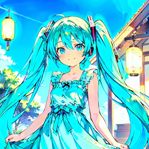       Hatsune Miku、  high definition,   Look,  Brush,  smile,    open your mouth ,  Lantern/ light blue hair,   blue eyes,  twin tails,   headphones , Highest quality, 