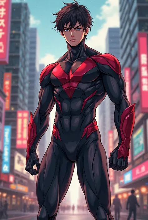 Dark brown hair male, slim body, black and a little bit of red, superhero suit, anime style, in the street