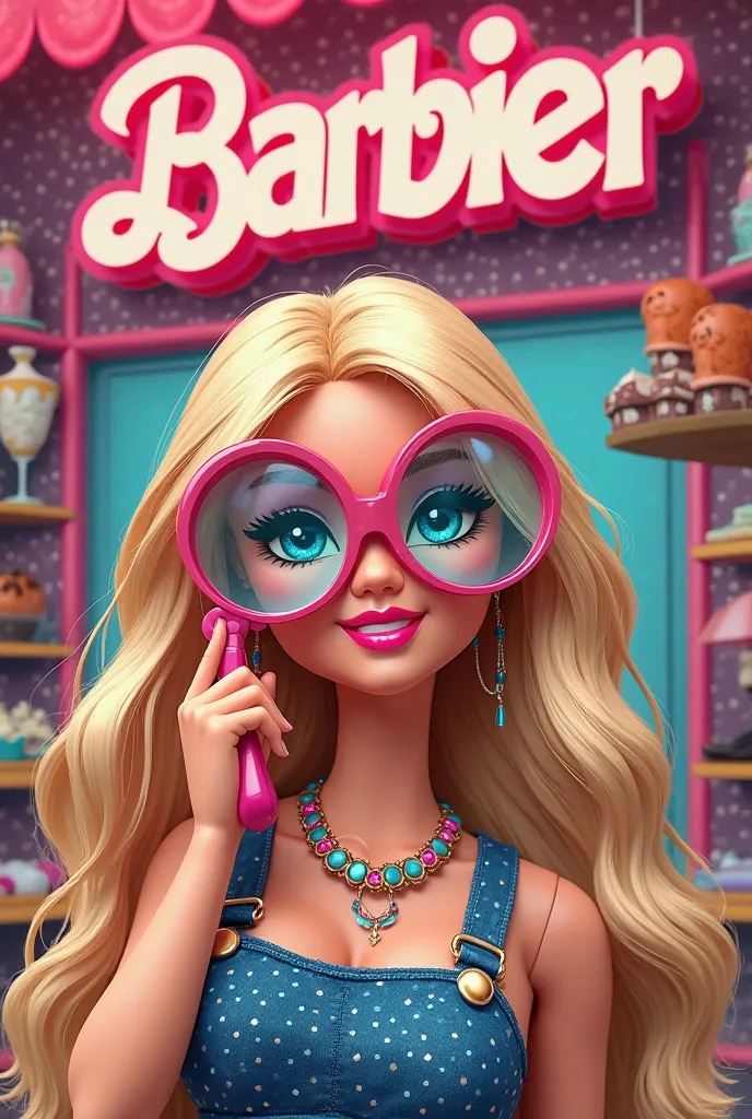 Design a cover for a business with a Barbie with magnifying glasses, At the top it says Aiza Bazar, where desserts, clothes, shoes and miscellaneous items are offered
