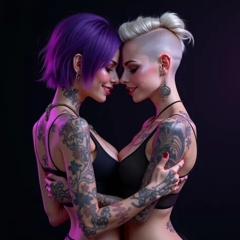 2 Hot adult white female hugging each other one girl shorter then the other one, one have tattoos purple hair short hair shaved on one side, purple particles,  smile, love, the other one have tattoos short hair piercings perfect bone structure ,dark ambien...