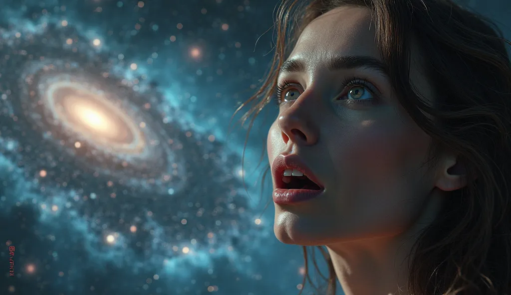 A woman with a surprised face on the right side of the screen、 universe background