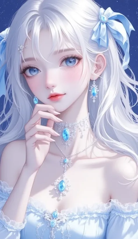 A dreamy anime girl with long silver hair tied in loose twin tails with blue ribbons. Her wide, starry-blue eyes sparkle with wonder, and her soft smile adds a touch of innocence. She wears an off-shoulder pastel blue dress, with a background of a night sk...