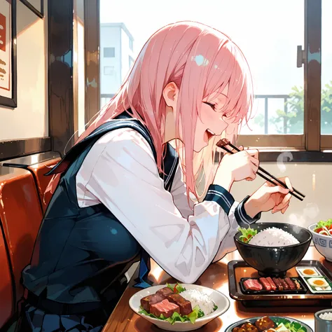      laughing while sitting ,      medium breasts  ,     school uniform,
I&#39;certainly,Food,   alone, bowl, holding chopsticks, rice,   table, meat, dish,  indoors,      sitting,     restaurant  , vege  table,      eats, salad,
  from side,      upper bo...