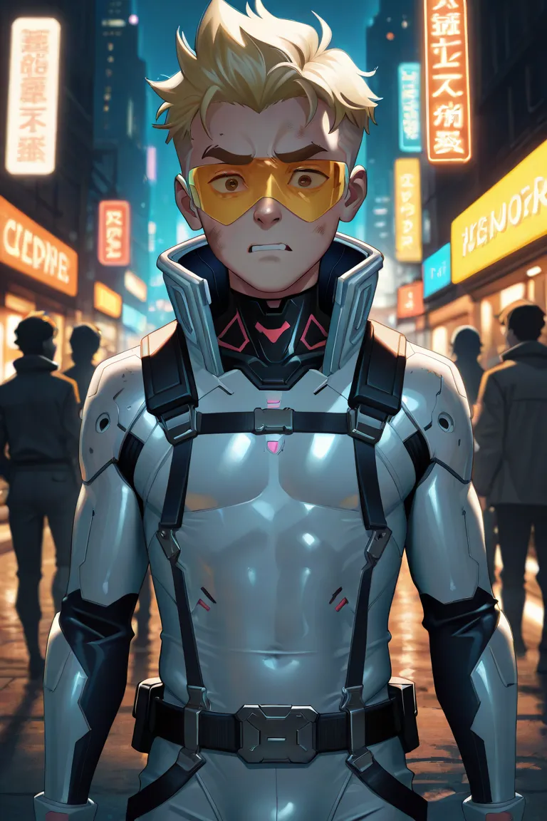 male cyberpunk  character with short dirty blonde hair, some cybernetics, brown eyes, thick eyebrows 