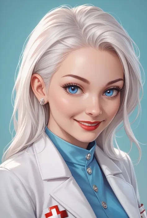 1 solo, woman, long straight white hair, thin, blue eyes and lips, red and white doctor's outfit, red and white lab coat, smiling, clear background 