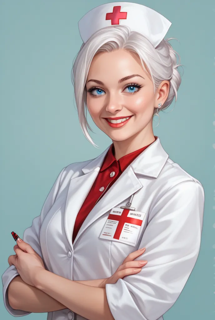 1 solo, woman, long straight white hair, thin, blue eyes and lips, red and white doctor's outfit, red and white lab coat, smiling, clear background 