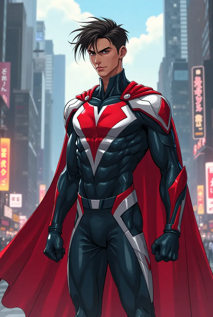 Dark brown hair male. slim body. black, white and red superhero suit. anime style. in the street