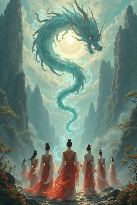 Landscape of the world of demons and the human world, with three women and three men all aged 20, with ancient Chinese clothing. 