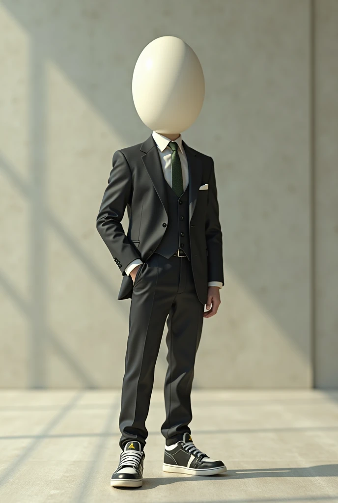 Create an image of a faceless egg in an elegant suit and Jordan sneakers