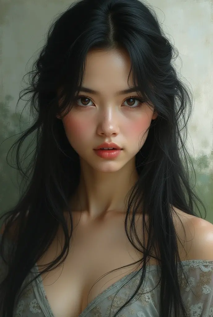 Realistic woman very white skin, high resolution, long straight hair, black hair, round face, full body