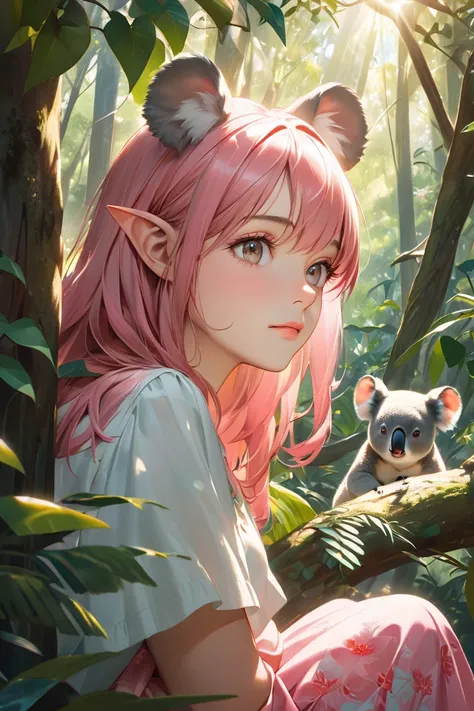 woman　Koala ears　 has pink hair