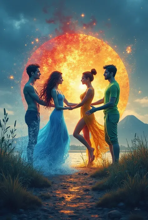 4 elementals Spirits dance together in nature with blue sky and volcano in background. nature scene with 4 characters dancing together. They include: male water elemental, Female form fitting fire elemental hot body, Female Earth Elemental rock woman, and ...