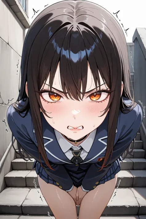 1girl, solo, anime, from front,
(black long hair:1.3), bangs, amber eyes, thin lips, Black choker,
(angry:0.9), (ecstasy:1.3), (trembling:0.8), (sweat:0.8),
blazer school uniform, skirt, hands on crotch, leaning forward,
school building back, concrete wall...