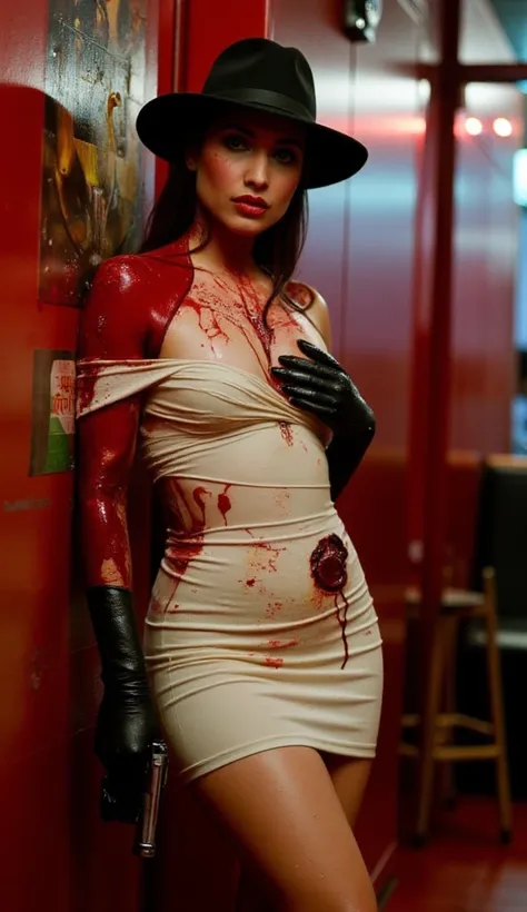 female spy walking (leaning against a wall) mortally wounded and bloodied in a nightclub. She has gunshot wounds in her chest, belly, neck and flank. She is bleeding profusely from her wounds. She is wearing an off white off shoulder body hugging mini dres...