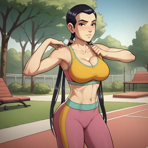 score_9, score_8, score_7, break, haylin_w, solo, 1girl, long hair, black hair, sport bra, yoga pants, very large breasts, tight breasts, beautiful breasts, round breasts, midriff, twintails,  looking at viewer, park, standing,