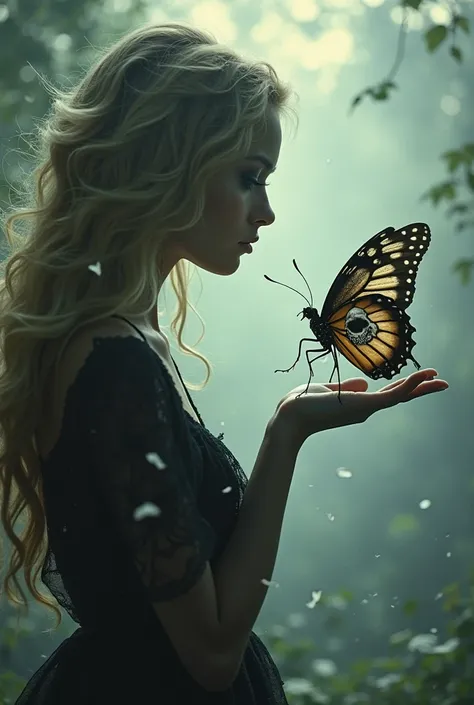 The profile silhouette of a woman, blonde, holding a butterfly that poses in his hand and the butterfly on his wings has the face of a skull in profile that covers his entire wing.   