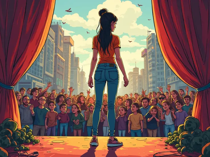 Comic Art : A young woman stands nervously in front of a stage, holding a speech. She hesitates, looking at the crowd.
📢 Dialogue (Thoughts): "Can I really do this?"