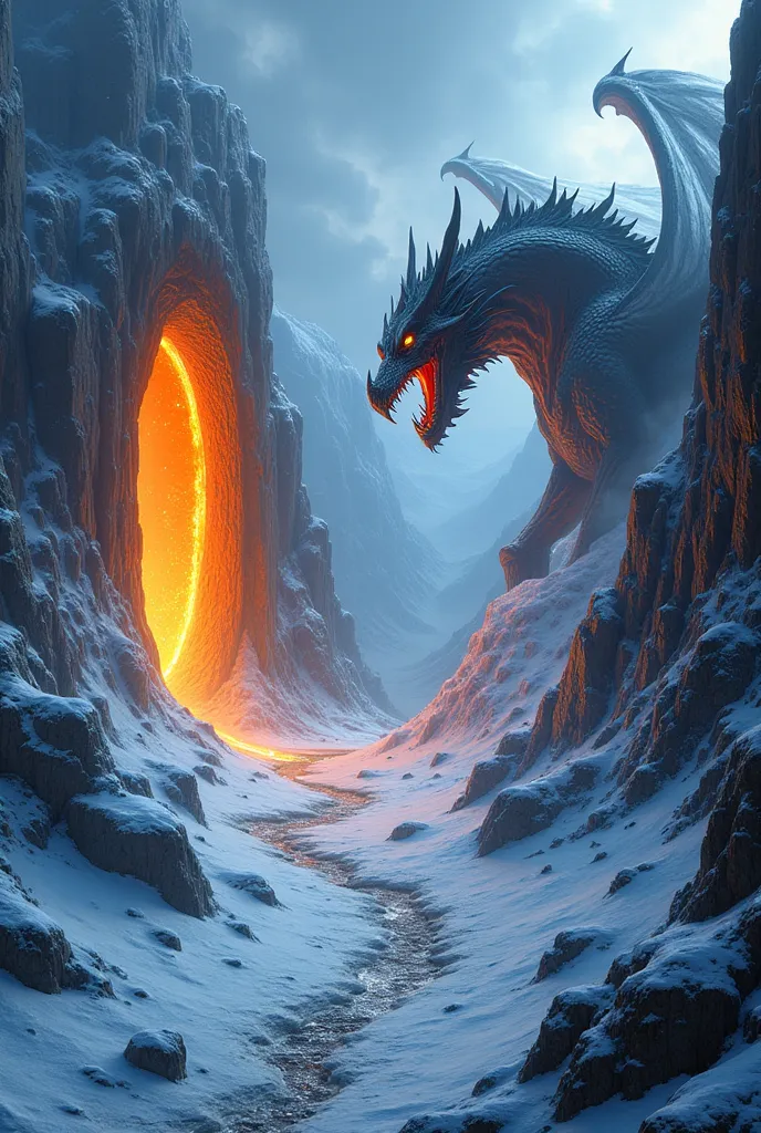 Everquest, western wastes, frozen lands, in a deep raveen, with an orange portal in time to the left, and a giant dragon in near it