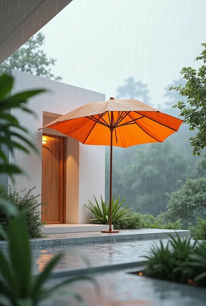 white villa model, modernity covered by orange umbrella under the rain