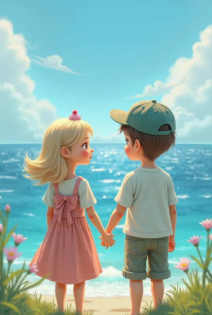 Light haired brown woman and young man wearing cap in animated dolls holding hands looking at the sea 