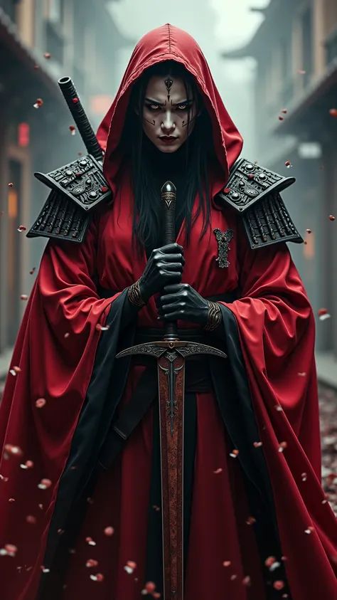 The target of the depiction is 1 person、 in red and black costumes, Photo of  , demon samurai, Beautiful Male Grim Reaper, Bone Girl Skeleton Geisha,  very pretty cyberpunk samurai , Handsome Japanese Demon Boy ,  a samurai wearing a demon mask , demon sam...