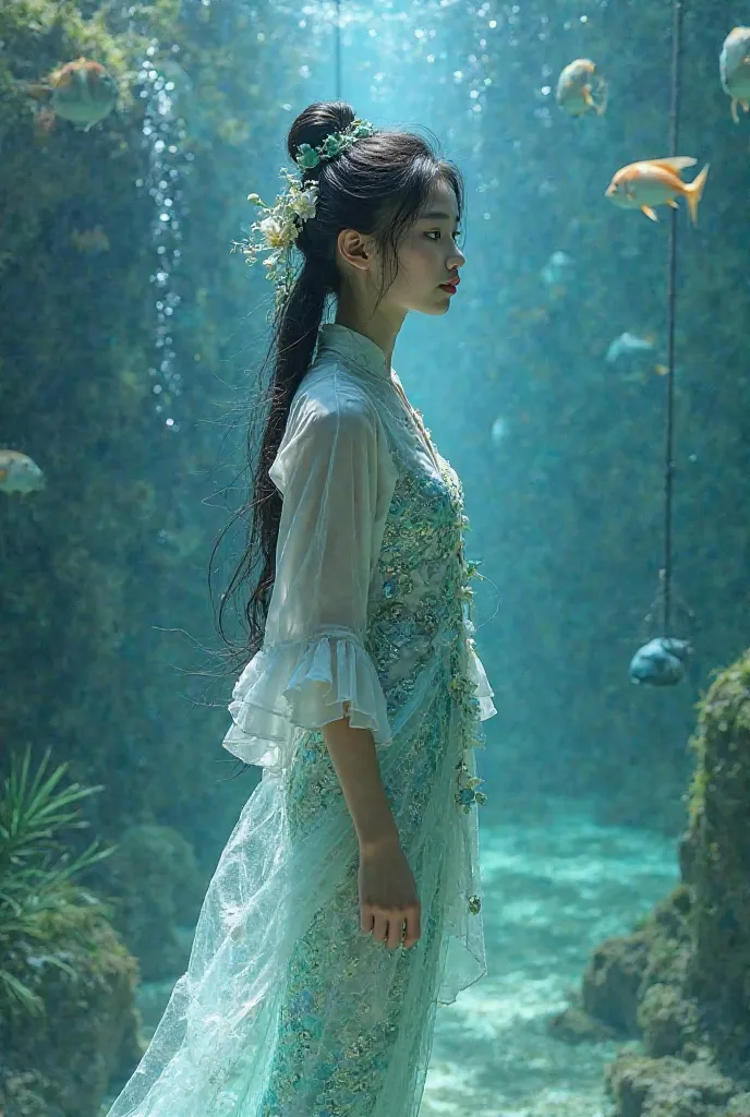 Make me a Chinese ager girl wear Chinese shirt and transformation into mermaid fully transformation into mermaid stand in the fish tank 