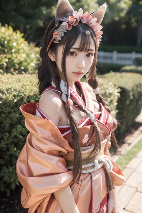 Japanese woman like an idol ,, round face ,bust up , medium breasts,masterpiece, Highest quality, 1 girl,cowboy shot,standing, thighs,viewers,Magic\(princess connect!\), Japanese Clothes, kimono,frills,brown  kimono, color,ruffle dress,frilled headband,Ruf...