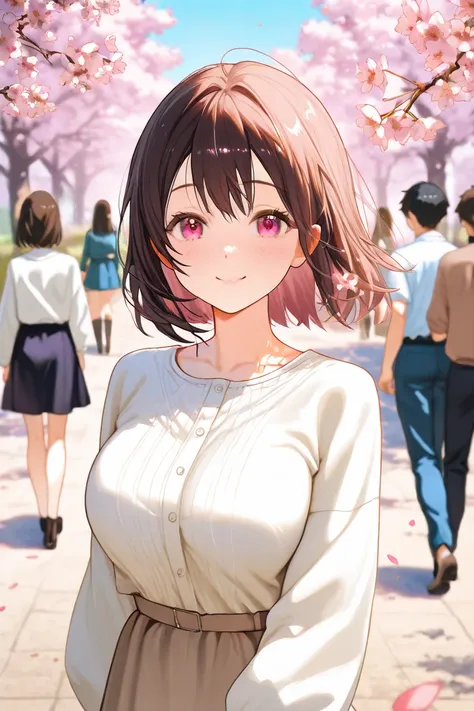 Delicate anime,High quality texture, solo,one girl,smile,big breasts,cute,outside,spring,cherry blossoms