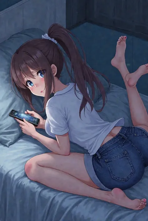 Anime girl lying on the bed on her stomach, looks at the phone embarrassed, dressed in a night of denim shorts and a white shirt, moving her legs with big breasts,back with a quirky bundle at night , with big booty. Neck on the pillow.
