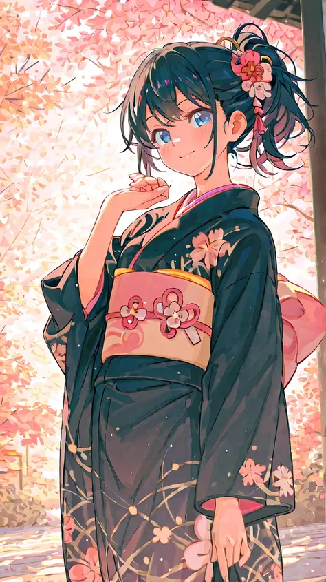 quality（ masterpiece　 delicate depiction　UHD（ultra high definition）・super detail（very detailed）・best quality（最高quality）4K）appearance（ one woman　１８Age　 very attractive face 　ponytail　PASTEL COLOR　smile　 black hair　 kimono）composition（Outdoors　Warm colors）　 ...