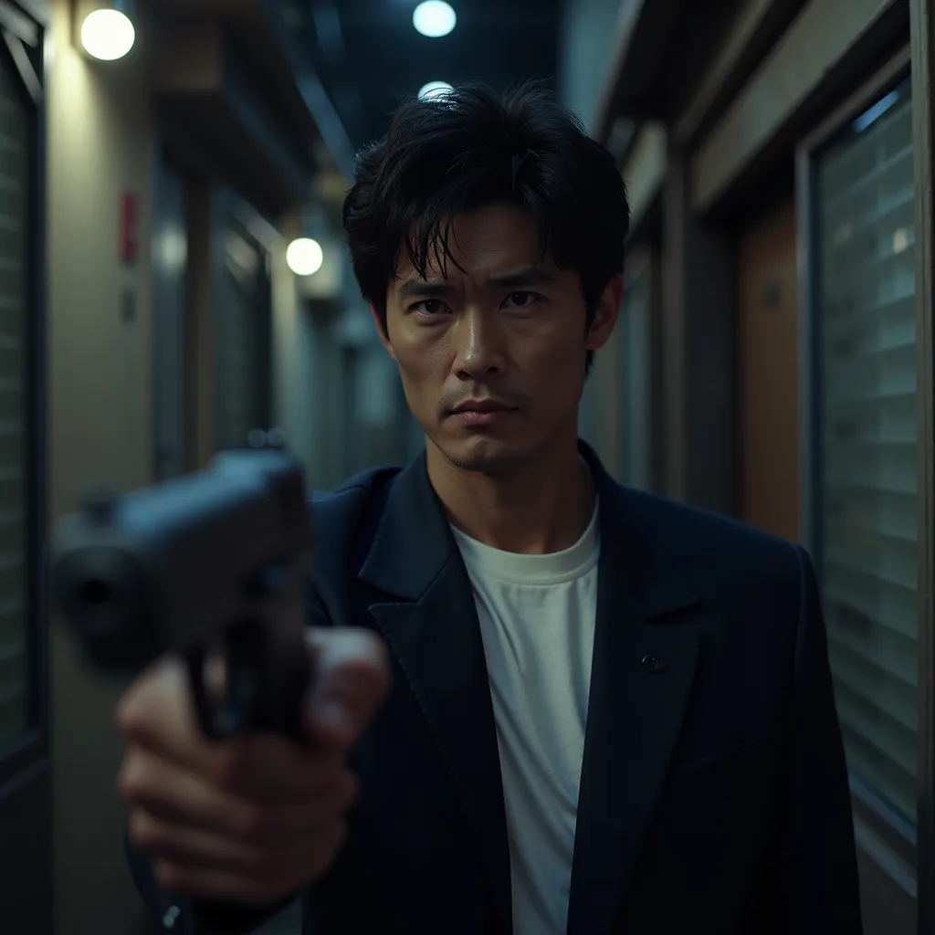 Realistic photo, hyper-detailed: Ryo Saeba (City Hunter) in his 30s, handsome, wearing a navy suit and white t-shirt, holding a Colt Python. He's in a dimly lit, stylish 1980s Tokyo alleyway at night. Focus on his sharp expression and the gun's details. Ci...