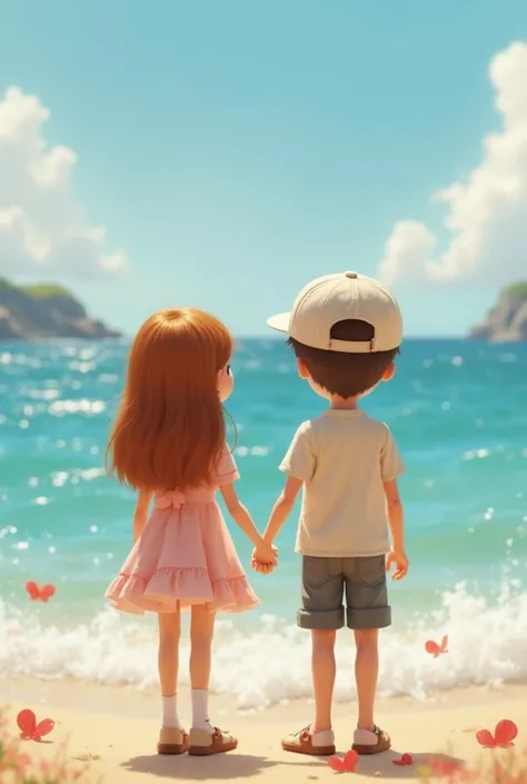 Brown haired woman and young man wearing cap in animated dolls holding hands watching the sea 