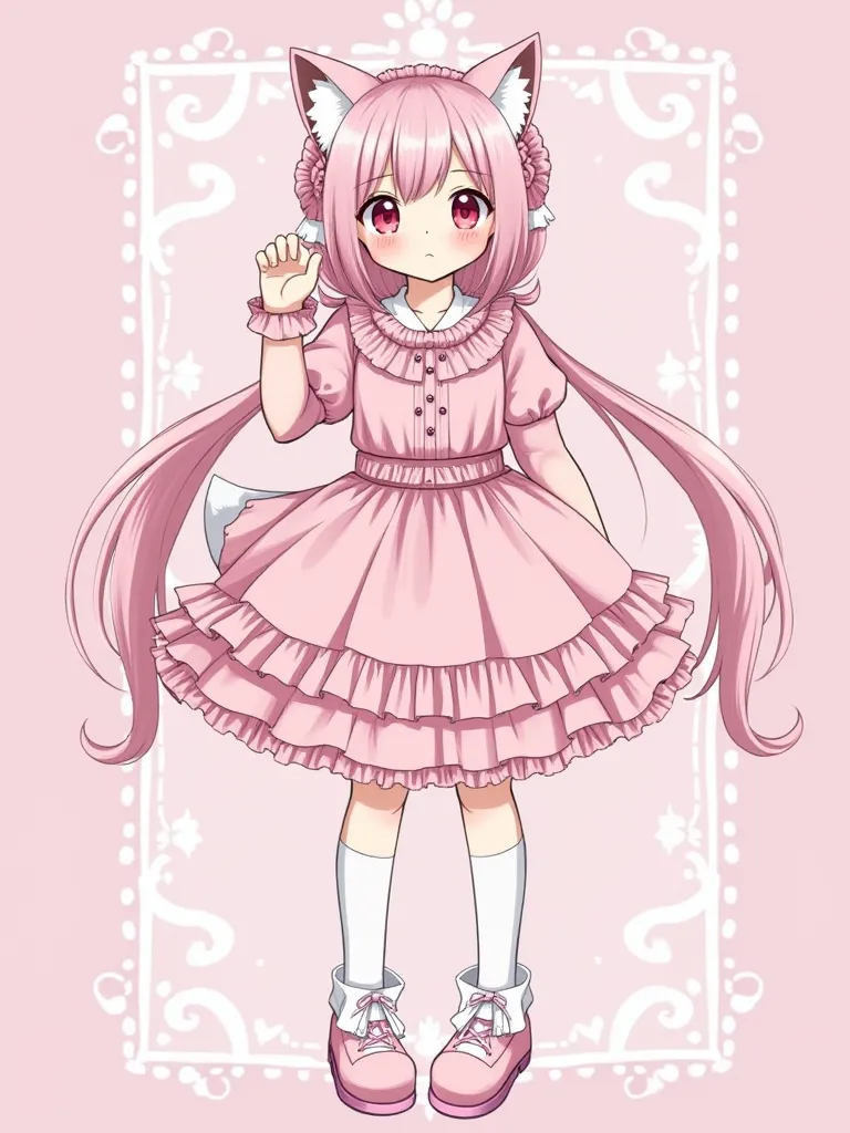  girls on the left (masterpiece、最high quality、high quality)、 young girls on the left&#39;full body、( light pink hair  、 fox ears、pink eye、 long twin tails 、garter belt in the city of、、frills、 cute hairpins 、Ribbon shoes 、bonnet、 pink string ribbon  、 low l...