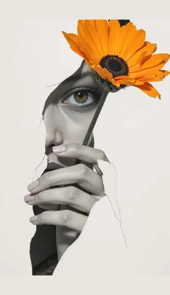 A surreal artistic portrait of a woman with a minimalist design. Her face is partially hidden by a torn paper effect, revealing an eye and her hand holding a bright orange sunflower. The image combines monochrome tones on the face and hands, while the sunf...