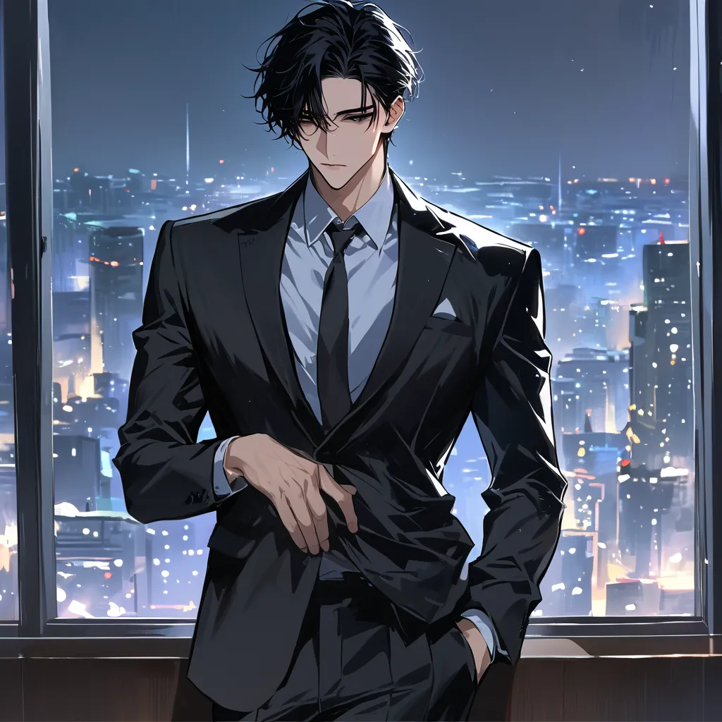 short hair, masterpiece, Premium , 1 person , black hair , perfect face , black eye , handsome man , alone, Adult male , black suit 、 Delicate Line Drawing Impasto , masterpiece, high resolution, Premium , Personal , 1 male , night office background、Yakuza...