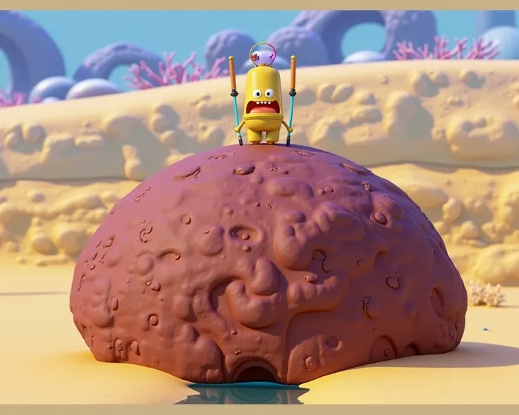 A highly detailed and realistic picture of patrick star's house, giant round boulder sitting on the sandy ocean floor, wood antenna on top, underwater background