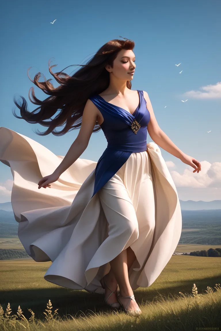 Walking in the Wind,realistic,a very beautiful woman, long hair,,skirt fluttering in the wind,