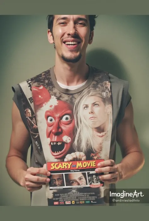 The image is a portrait of a skinny man holding up a movie poster for the film "Scary Movie". He is wearing a white t-shirt with a graphic design on the front. The design features a close-up of a red monster's face with sharp teeth and fangs. The monster's...