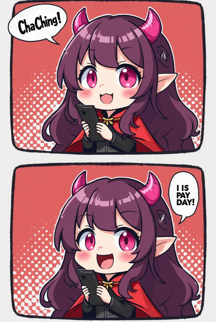 chibi style, kawaii style, 2 comic panels, dot halftone, flat color, pink horns, glowing horns, main character is a beautiful magenta long hair vampire girl with pink glowing eyes wearing red cloak rising her smartphone, panels one with main character smil...